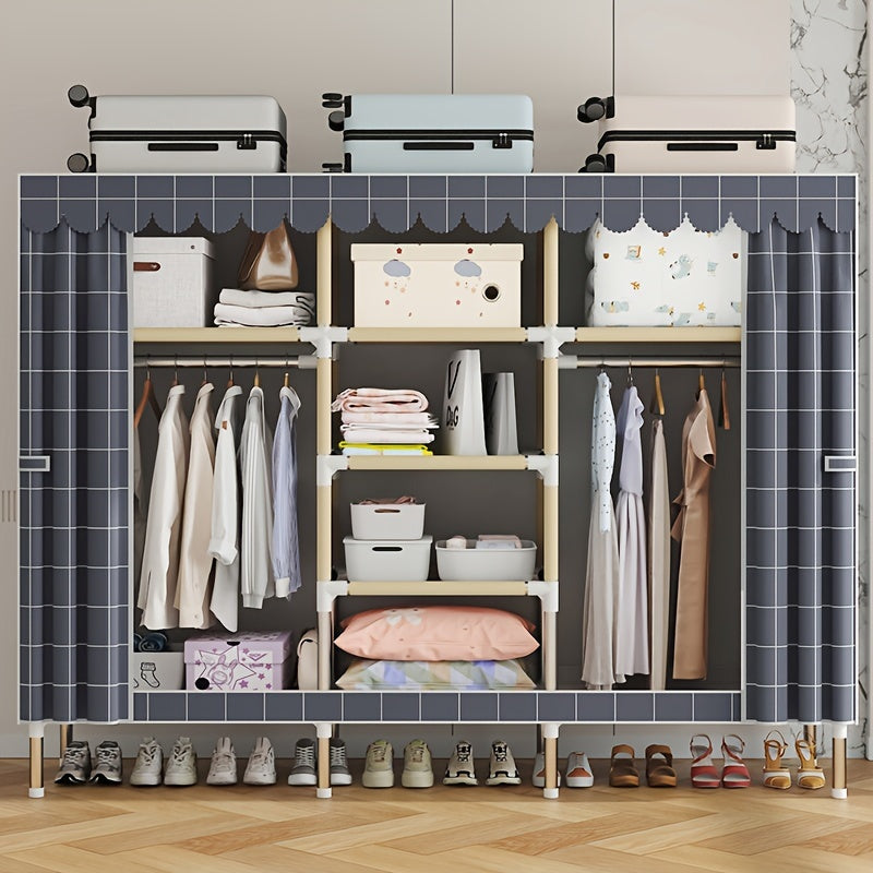 Solid color wide assembly with 10 shelves, 3 hanging rods, and plaid fabric. Portable closet for organizing wardrobe.