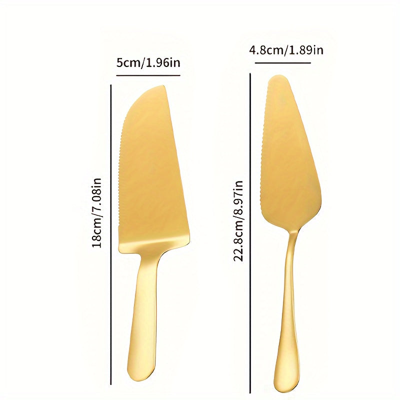 Elegant golden cake knife and server set, ideal for weddings, parties, and everyday use. Made from stainless steel, dishwasher safe.