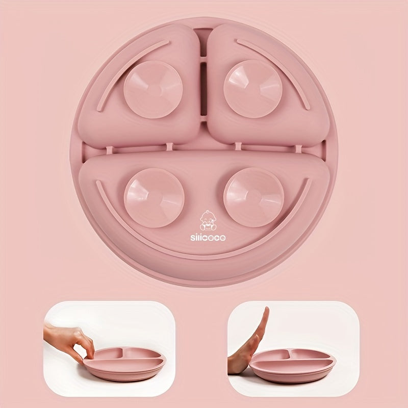 This dinner plate divider in a silicone suction cup format helps children learn to eat independently. It is suitable for use in the microwave, dishwasher, and oven, making it convenient for parents. By using this food supplement tableware, children can