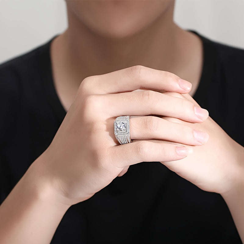 A stunning men's ring crafted with care and precision, featuring a sparkling zirconia set in luxurious 925 sterling silver. This statement piece weighs around 12.3 grams, exuding elegance and dominance.