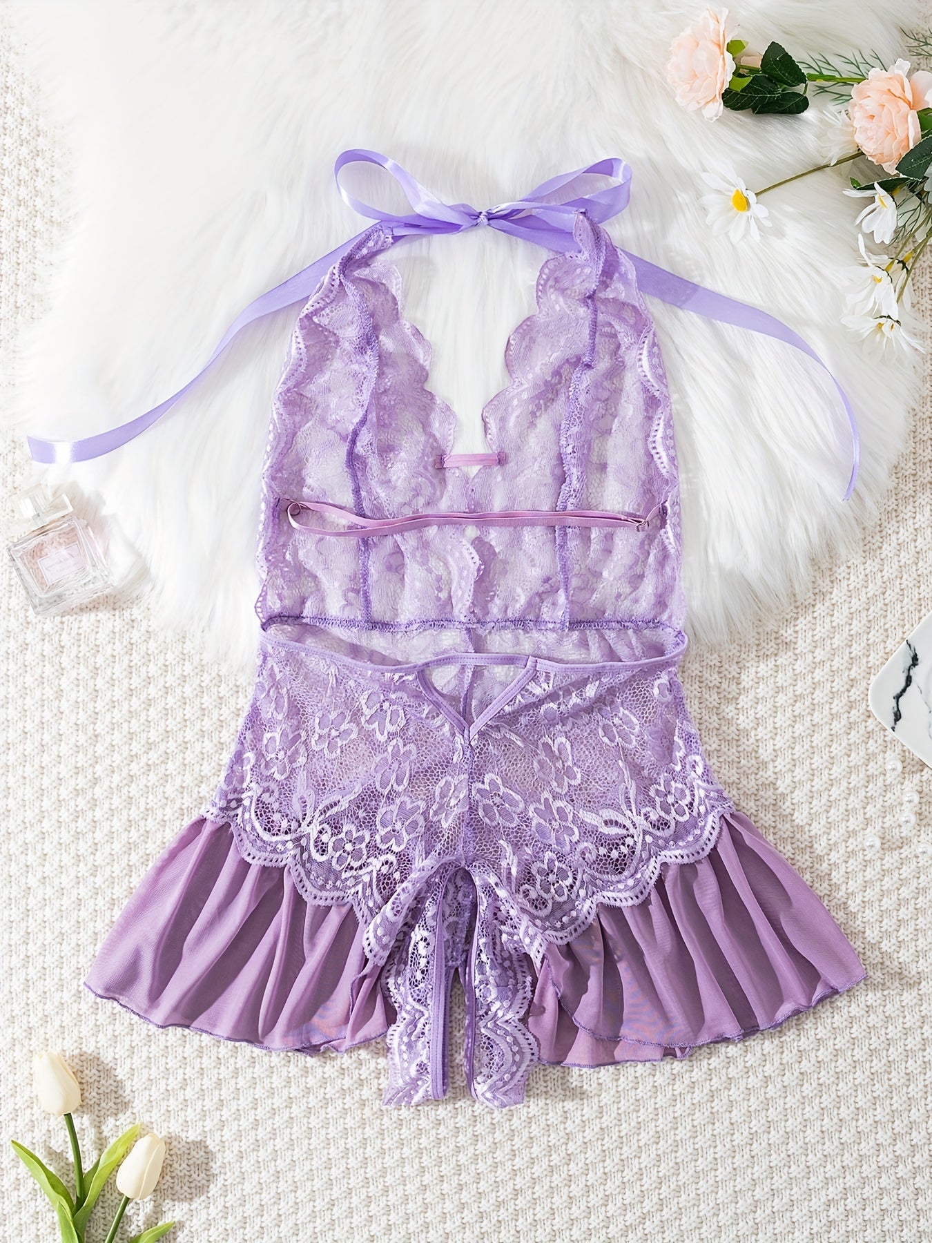 Solid purple lace teddy with ruffled backless halter bodysuit - women's sexy lingerie & underwear.