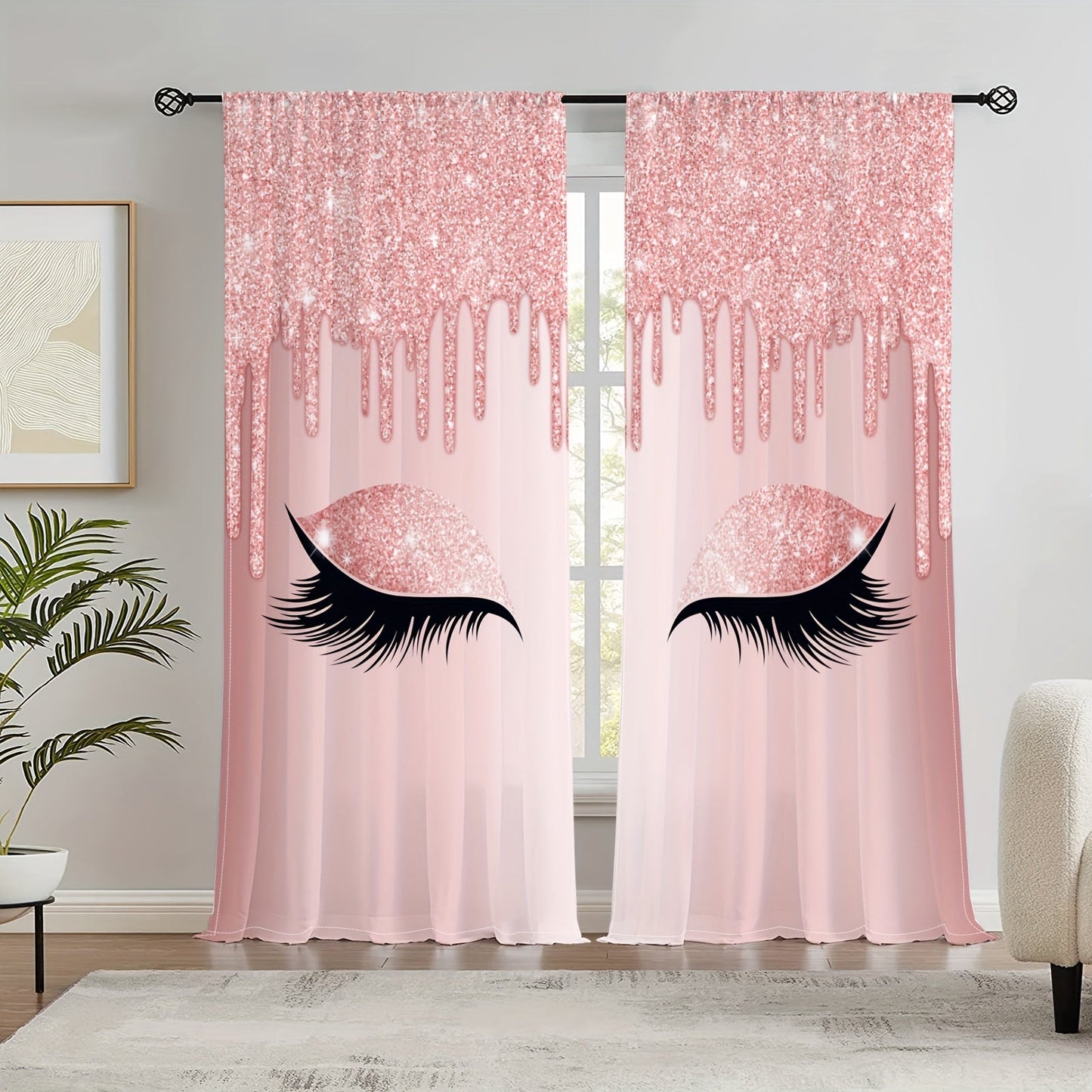 Set of two Eyelash Printed Curtains, Rod Pocket Window Treatments ideal for Bedroom, Office, Kitchen, Living Room, Study, and Home Decor. Enhance your room with stylish and aesthetic decorative curtains.