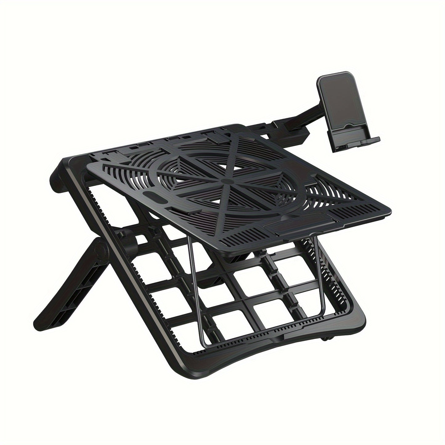 Adjustable laptop stand for 43.94cm laptops with phone holder, durable ABS material, ergonomic design, sturdy metal frame.