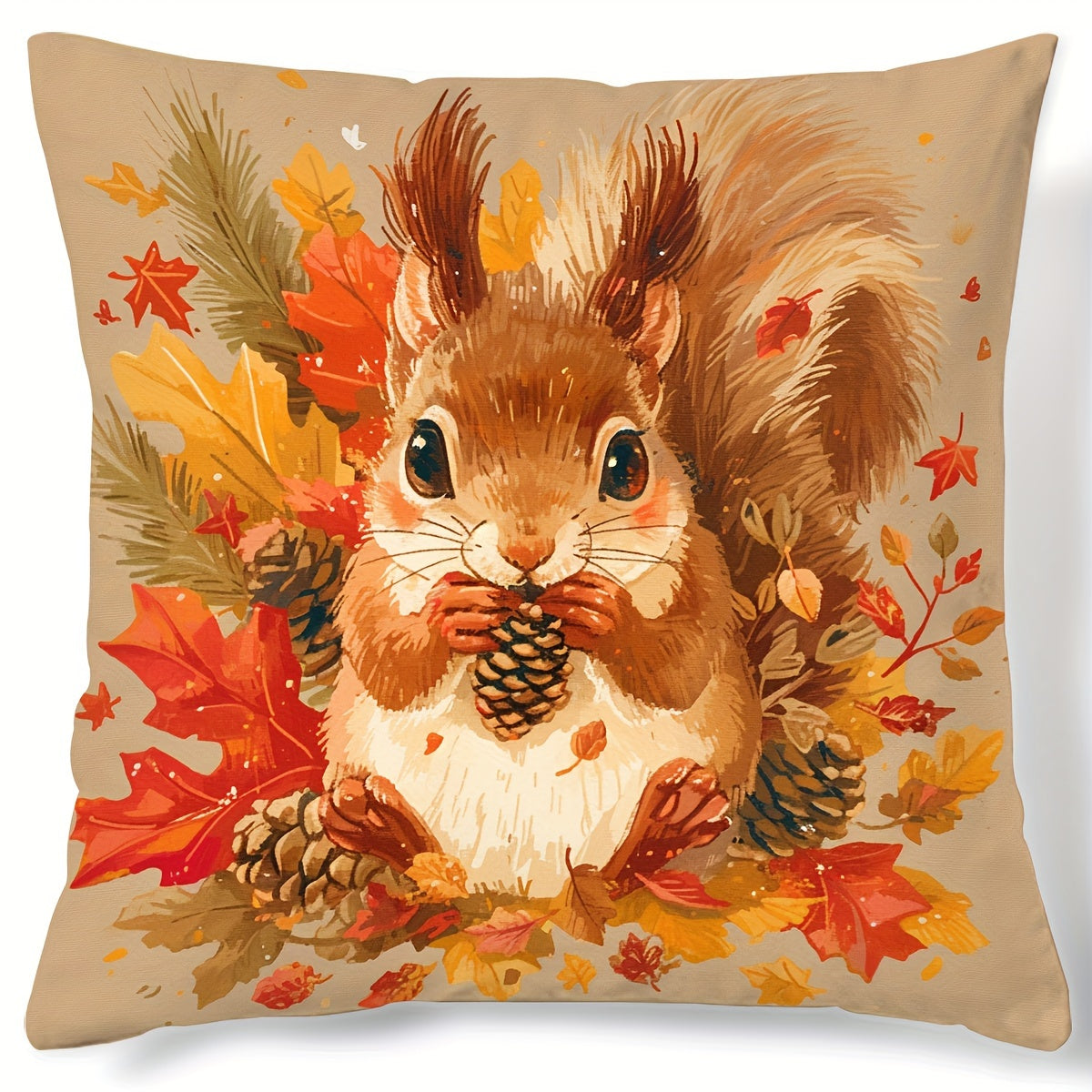 Autumnal squirrel pillow cover with sunflower and maple leaf design, suitable for home decor, 44.96cm x 44.96cm, no pillow insert included.