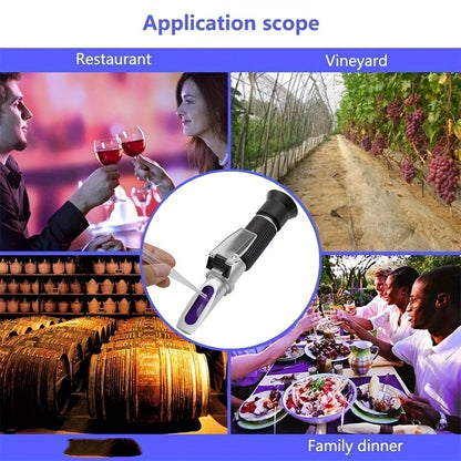 Handheld alcohol refractometer measures alcohol content and sugar concentration in wine, beer, and grapes up to 32% alcohol and Brix.