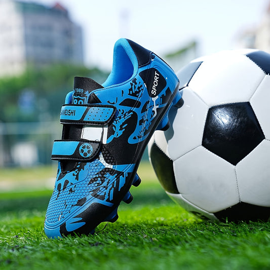 Polyamide football shoe with sports style print pattern, suitable for all seasons and occasions. Features easy closure, lightweight design, cloth inner, TPU sole, and EVA insole. Ideal for