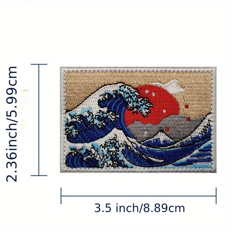 1 set of 3 Ukiyo-e embroidered stickers for men, featuring the Shennai Chuanda wave design. Perfect for decorating clothing such as jackets, jeans, trousers, backpacks, and caps.