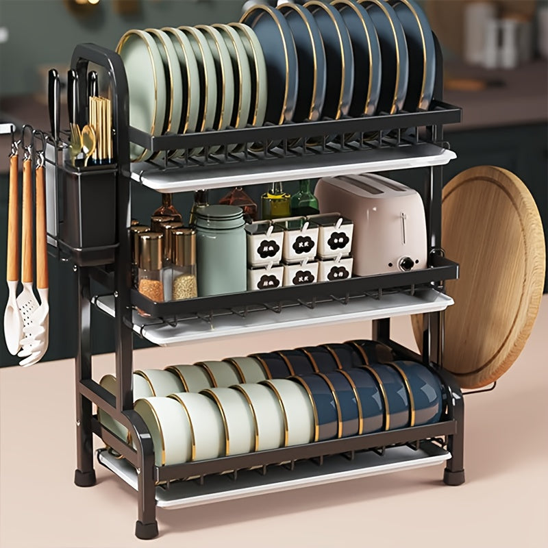 Modern 3-Tier Metal Dish Rack with Drainboard, Kitchen Organizer with Utensil Holder and Cup Stand