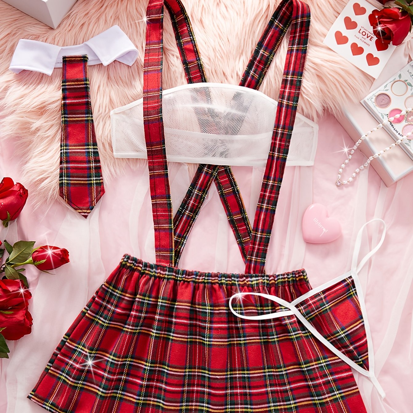 Color block plaid role-playing costume set includes strapless bra, suspender skirt, thong, and tie. Perfect for women's exotic clothing and sexy lingerie.