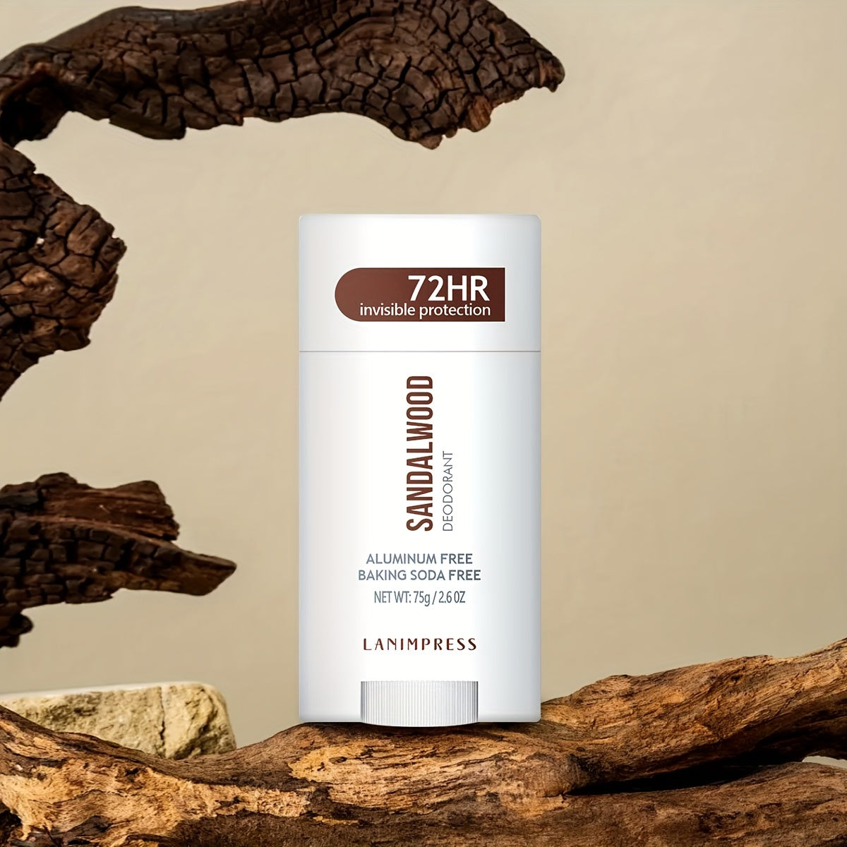 Lanimpress Sandalwood Deodorant: 72HR Invisible Protection, Unisex, Aluminum & Baking Soda Free, Natural Ingredients incl. Witch Hazel & Shea Butter, 75g