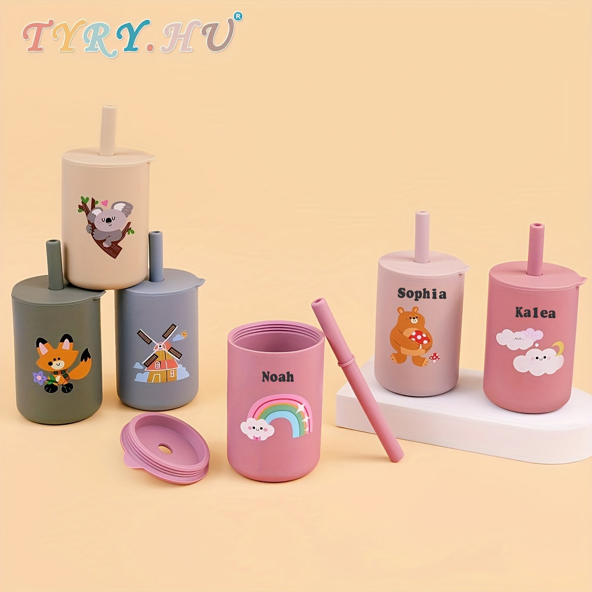 The TYRY.HU Customizable Silicone Baby Training Cups with Straw, Lid, and Handle are a must-have for parents of young children. Made with BPA-free, break-resistant materials, this reusable sippy cup set is machine washable and ideal for children aged 0-3