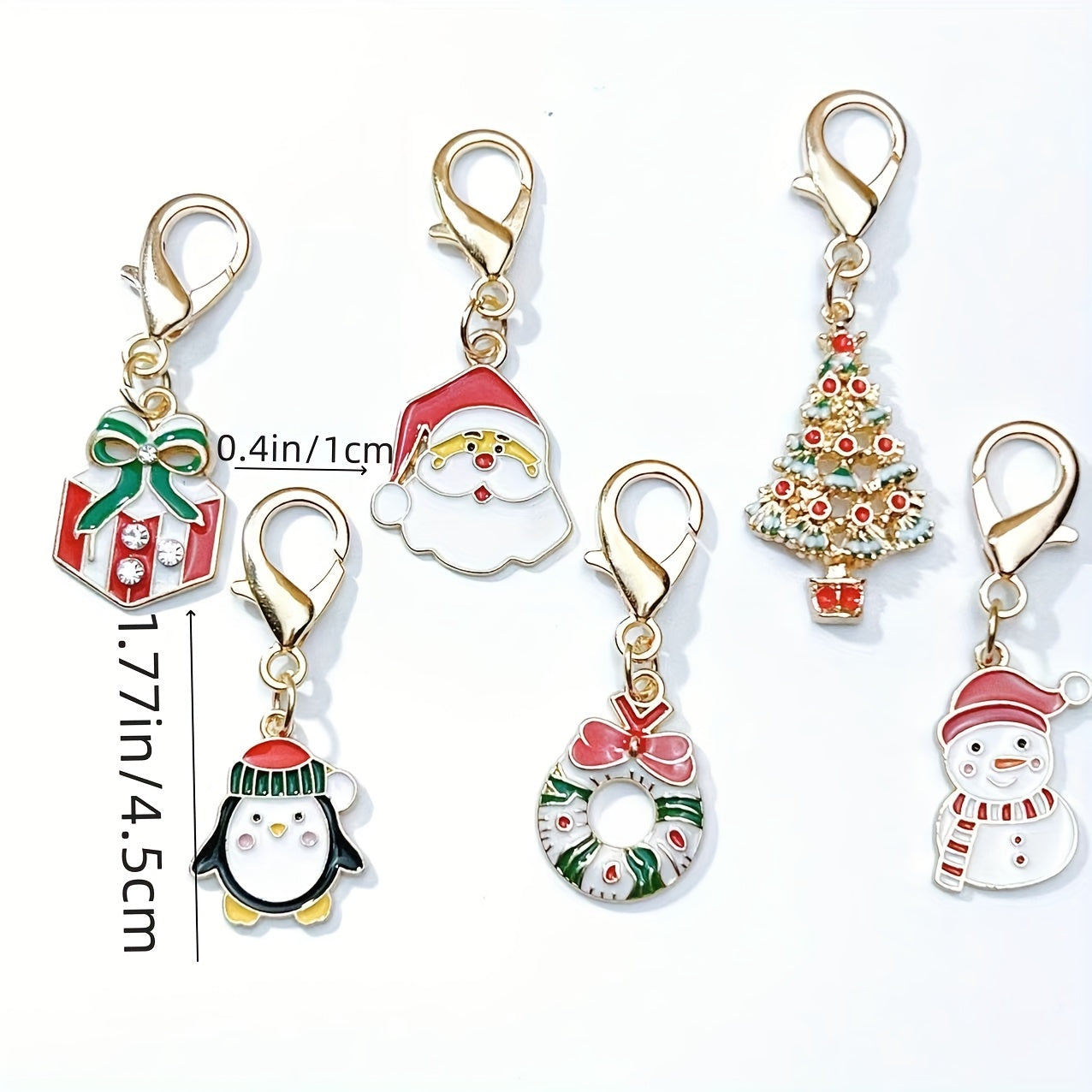 Six Christmas keychain charms made of zinc alloy with festive keyrings. These non-plated metal bag pendants are simple in style and perfect as holiday gifts for friends.