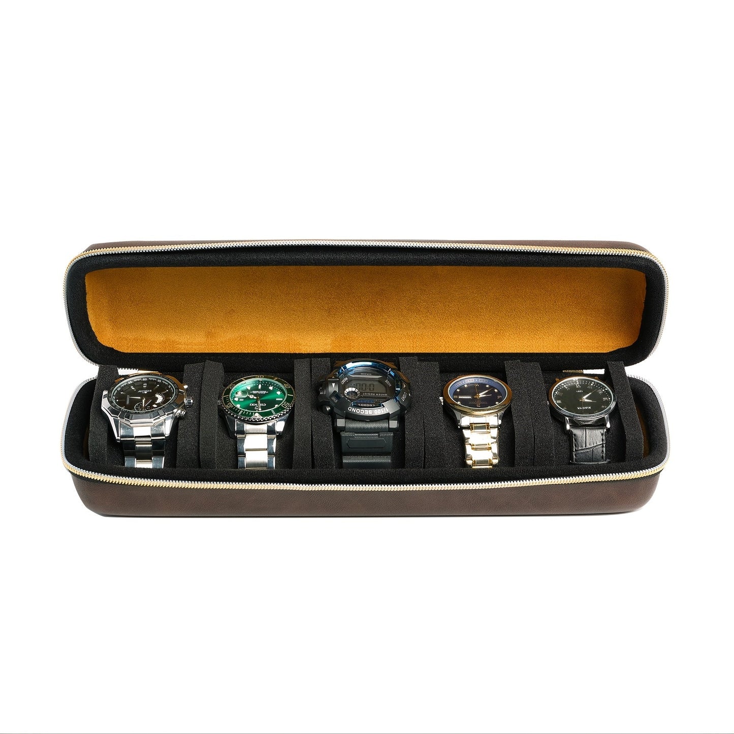 This top-of-the-line faux leather watch box is designed to store up to 5 watches. It features a durable hard shell, making it ideal for travel. The soft velvet lining ensures that your watches are protected, while the 5 customized shockproof pillows keep