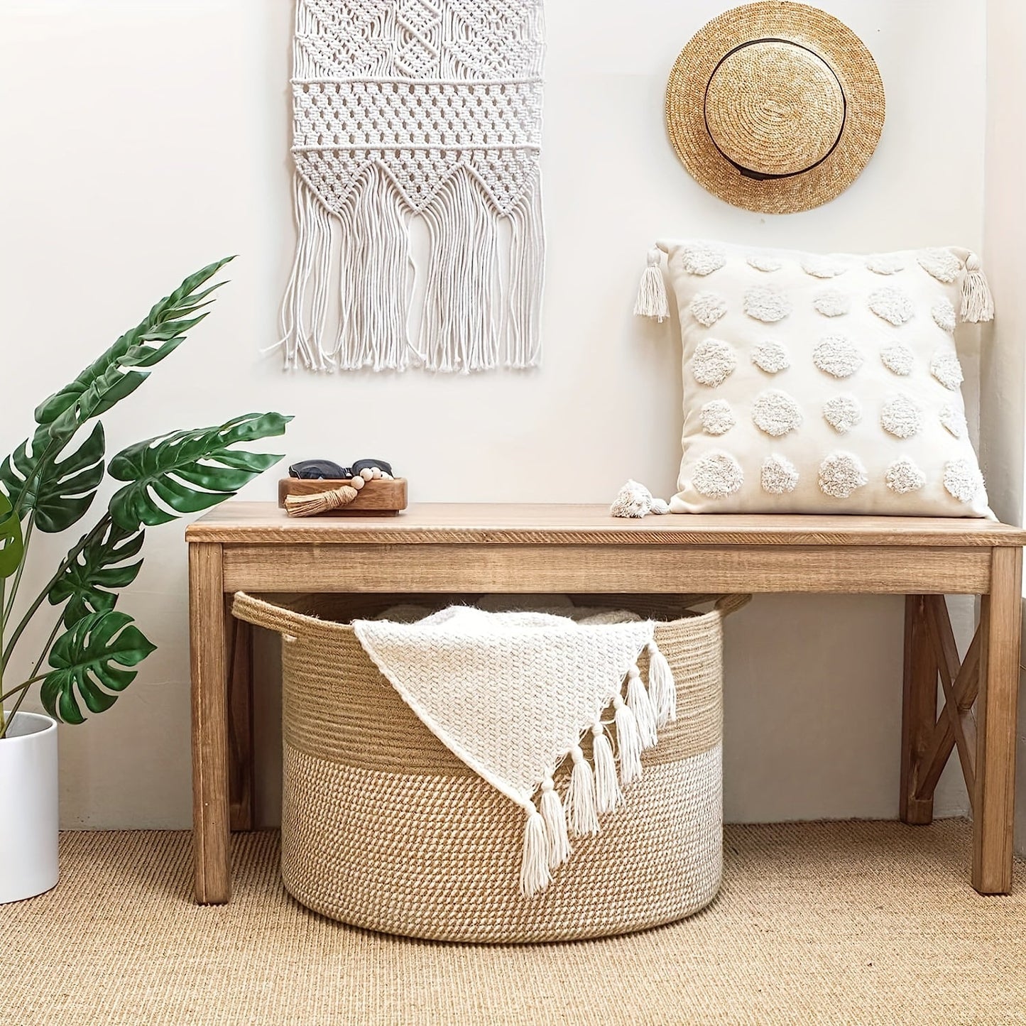 Large XXXLarge Rope Woven Basket, Measures 50.8cm x 50.8cm x 34.04cm. Ideal for Laundry, Blanket Storage in Living Room & Bedroom. Features Toy Organizer Basket with Handle. Perfect for Storing Comforter Cushions, Laundry Hamper Storage, and Home