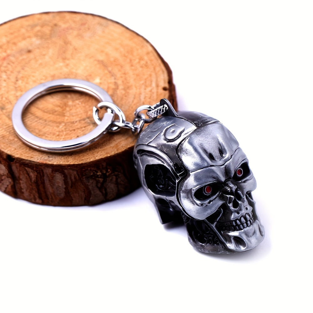 A stylish and versatile Terminator skull keychain that has a personality inspired by movies and TV shows. It is adorned with a golden pendant, adding an extra touch of flair.