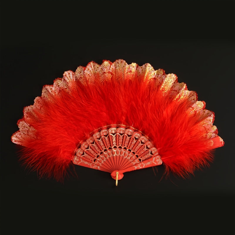 High-end Plush Feather Folding Fan with Extra Thickness, Perfect for Adults' Performance Dance. Ideal for Chinese Cheongsam Runway Shows, Comes in a Variety of Colors.