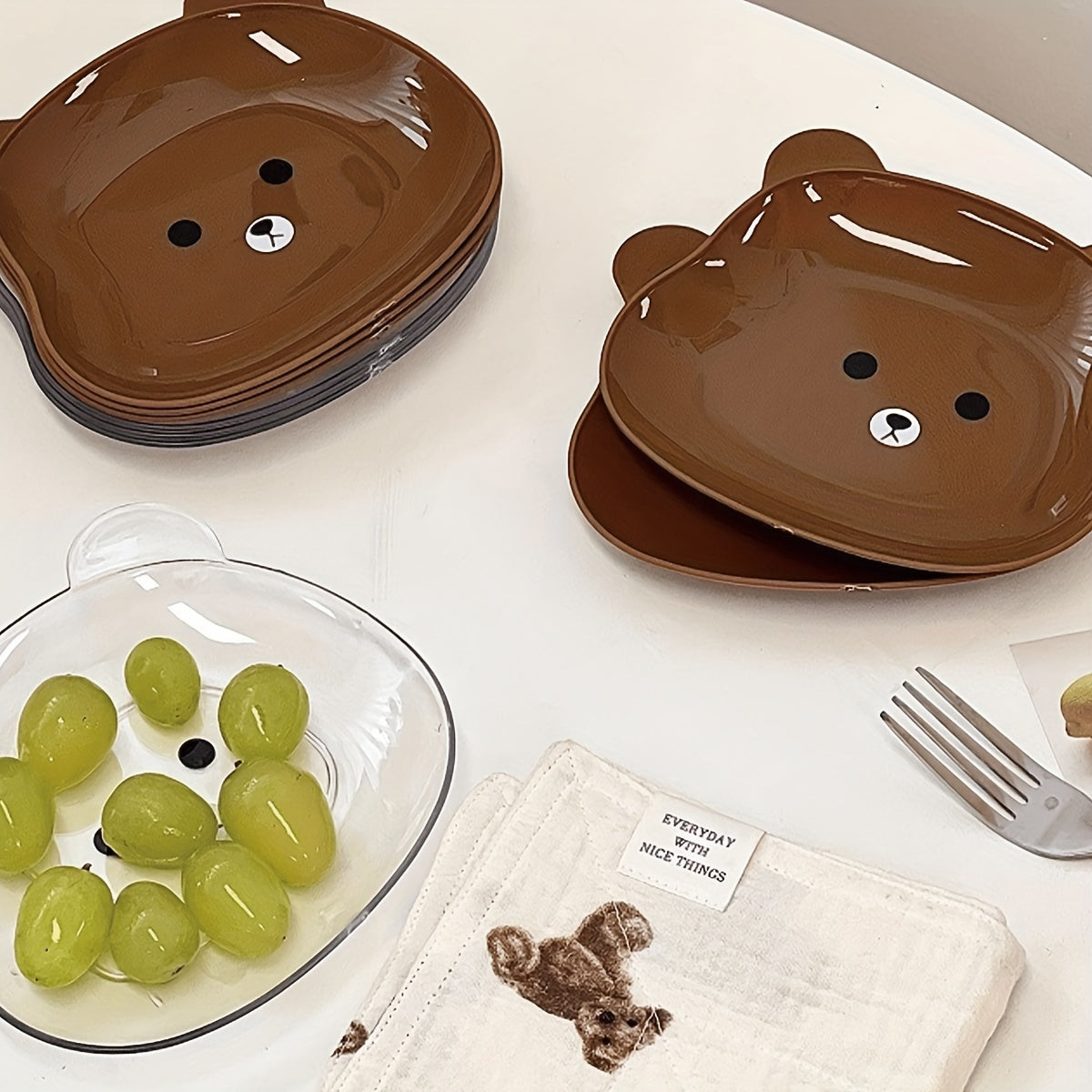 2 adorable bear cartoon PET plates for snacks and meals - durable kitchen essential.