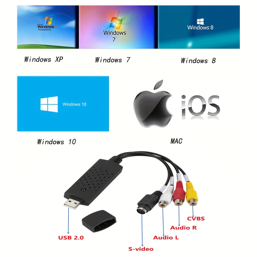 VHS to USB Video Digitizer Stick – Easy Analog Video & Music Converter, Plug & Play, Windows/Mac Compatible, Ideal for VCR, DVD, Camcorder, Hi8 Formats.