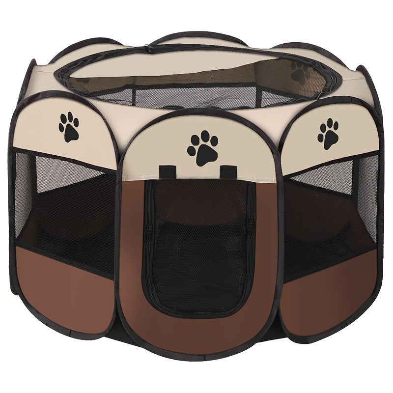 1pc portable Lodge Style Foldable Pet Playpen made of Oxford Cloth with Paw Print Design, easy to assemble and ideal for pets.