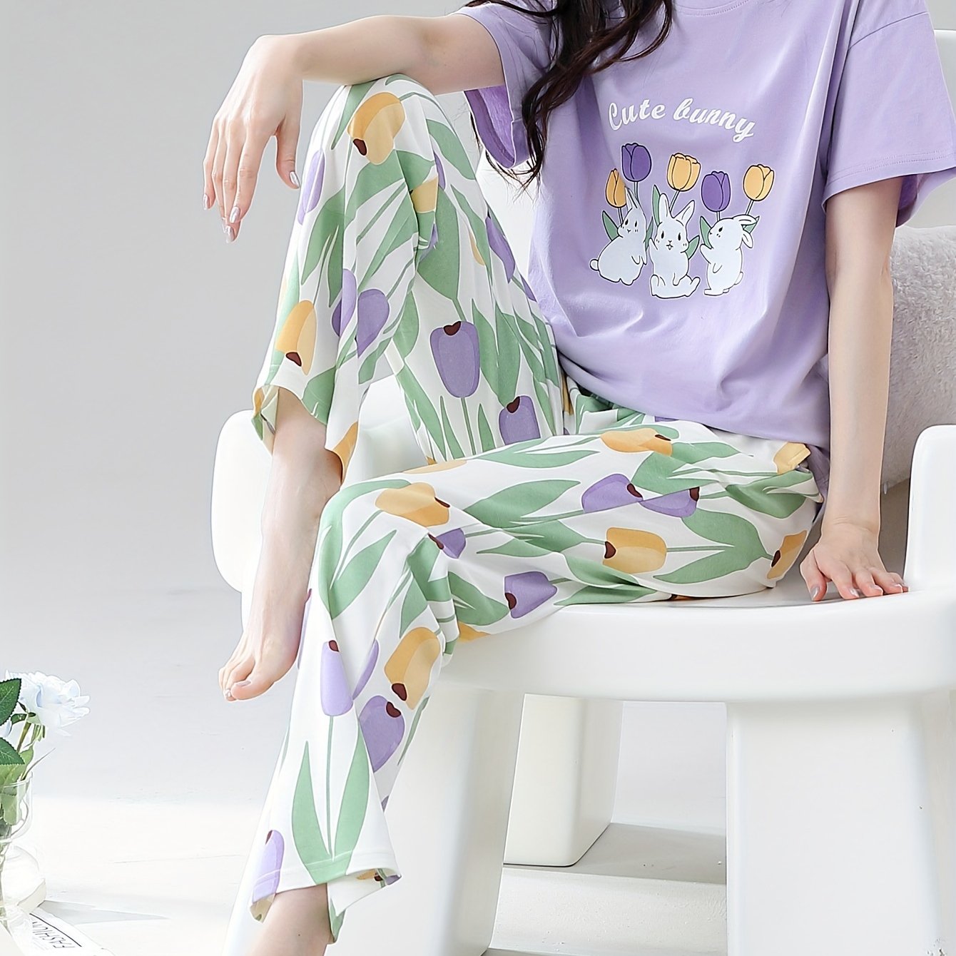 Spring and Autumn Women's Pajama Set: Short Sleeve, Long Pants, Casual Flower Rabbit Design for Both Indoor and Outdoor Wear.