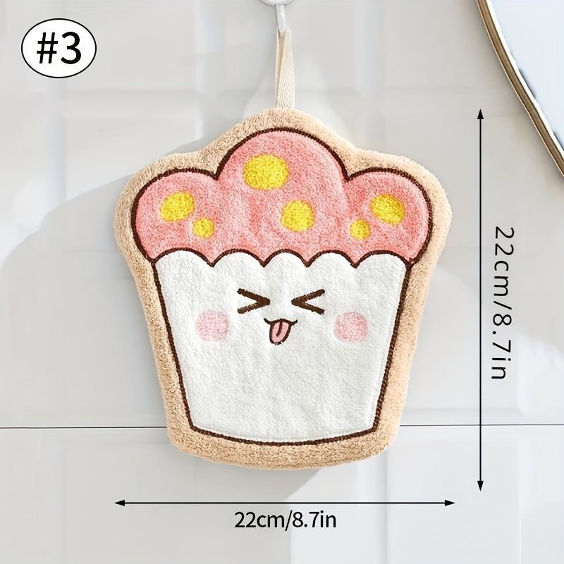 Cartoon food shaped hand towel made of soft coral fleece, quick-dry and absorbent for bathroom or kitchen use. Features designs of cheese, bread, and cookies, can be used as hanging wipe cloth. No electricity required.