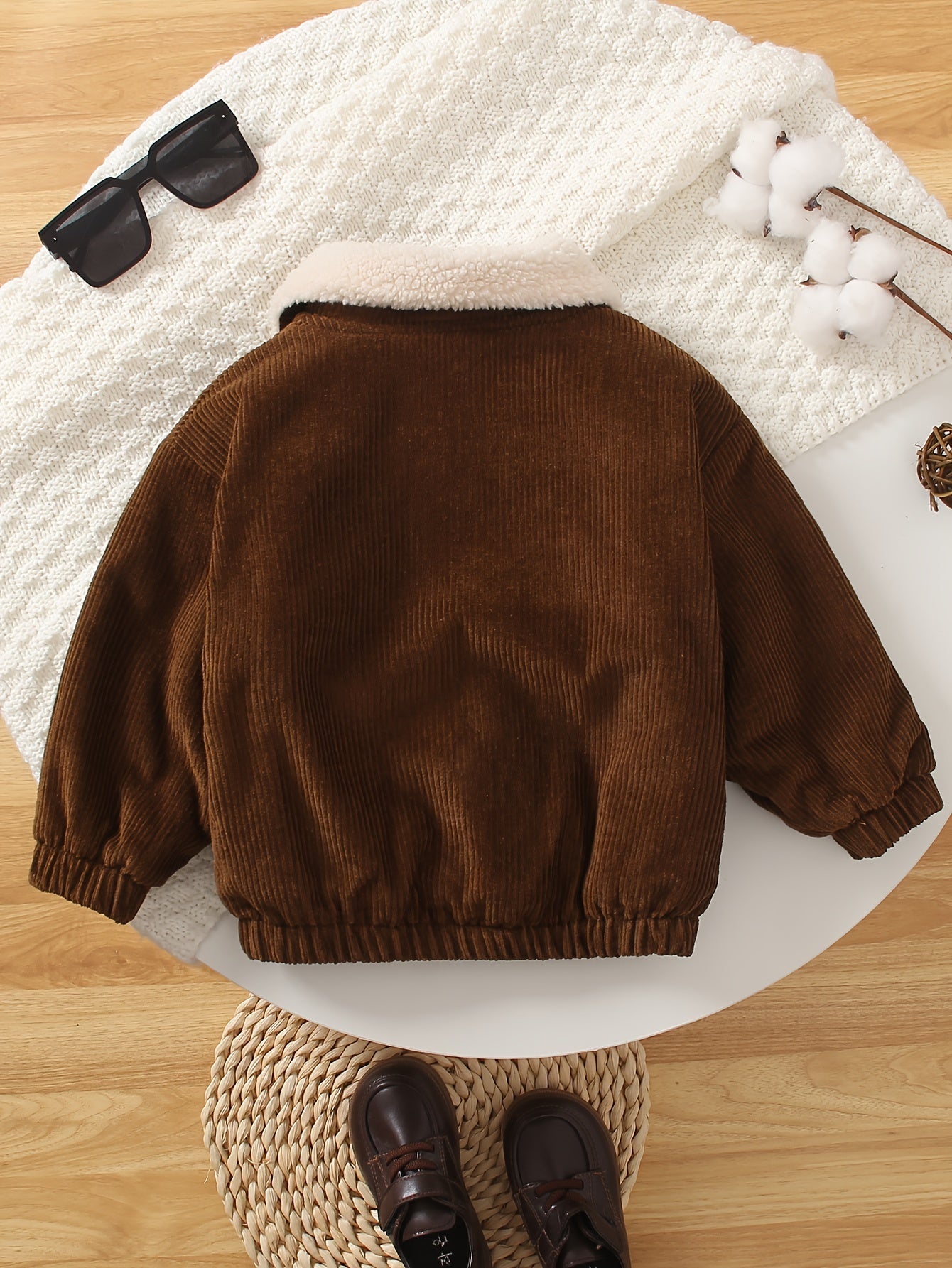 Baby boy's corduroy jacket with warm fuzzy lining, button front, and turndown collar. Perfect for fall and winter outdoor activities.