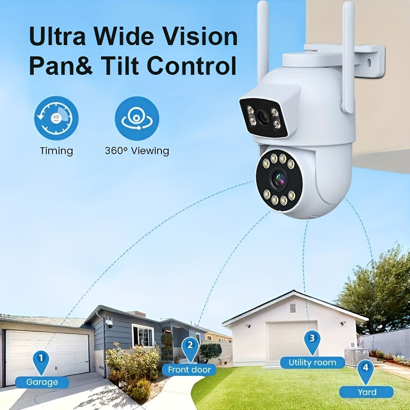 Introducing the 1pc SmartGuard Wireless Security Camera - a cutting-edge dual camera system designed for maximum security and peace of mind. With a 360° view, motion tracking, AI detection, night vision, and 1080p resolution, this camera is packed with