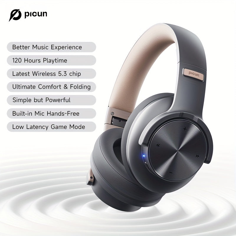 Picun B8 Wireless Over-Ear Headphones with 120 hours playtime, wireless 5.0, 3EQ & Game Mode, hands-free calls, foldable design, and Type-C charging. Suitable for travel, home, office, PC