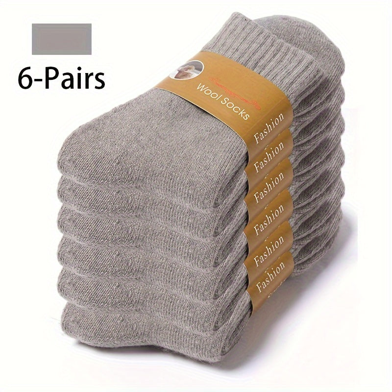 6 pairs of men's wool knit crew socks for autumn/winter, soft, warm, and breathable.