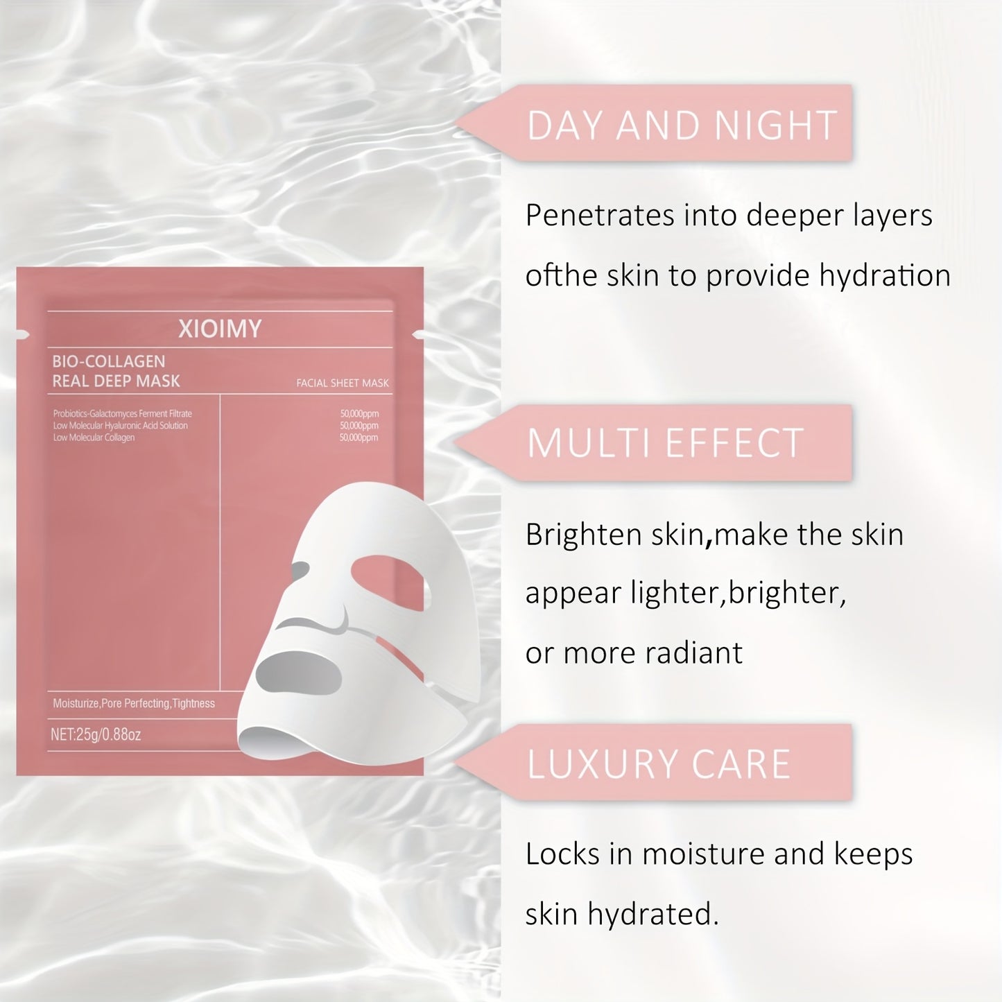 The 3pcs Biological Collagen facial mask deeply moisturizes skin, leaving it more hydrated, delicate, and bright. Rich in collagen and hyaluronic acid, it helps to banish dry, dull, and