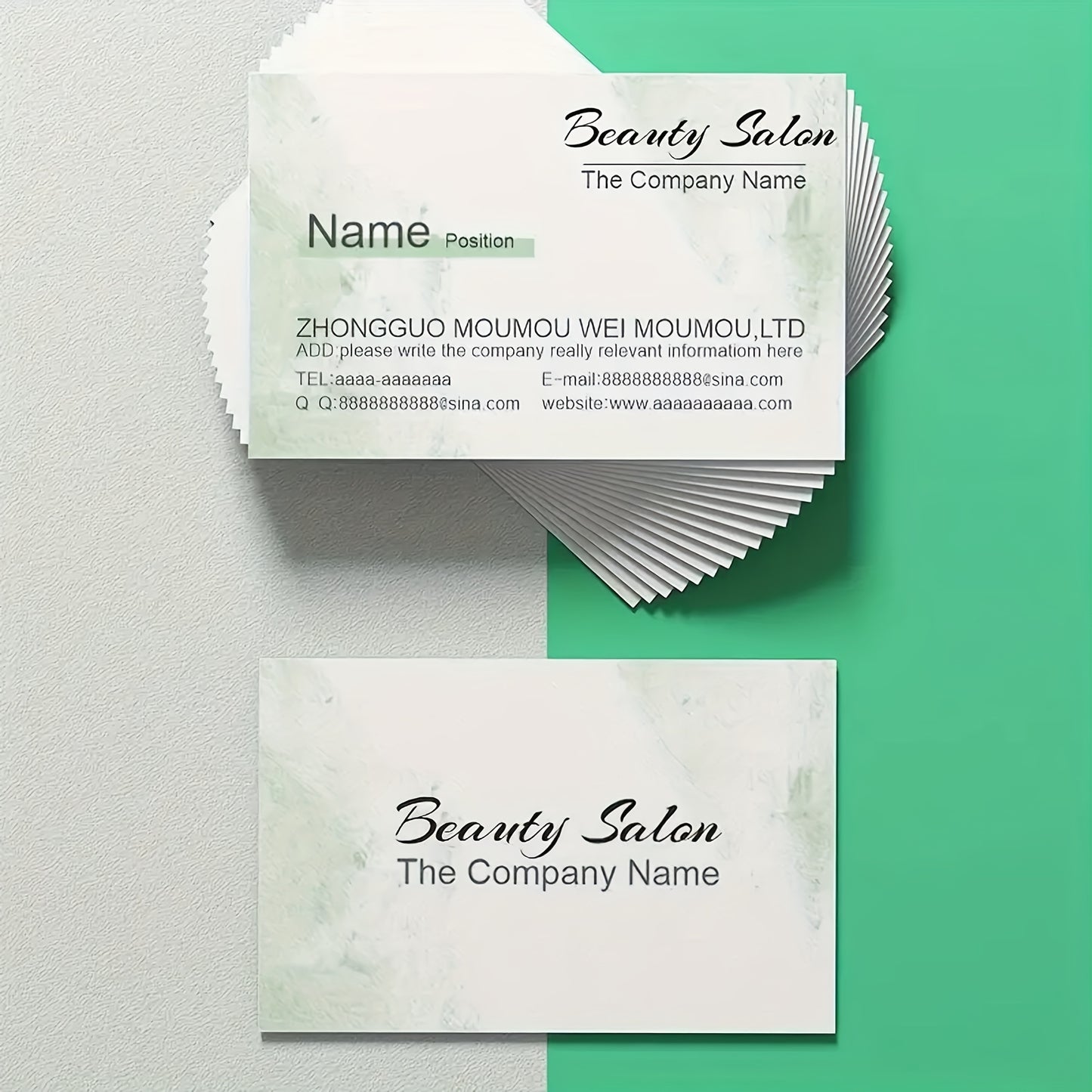 Customizable business card sets with matte finish, available in sets of 200, 500, or 1000.