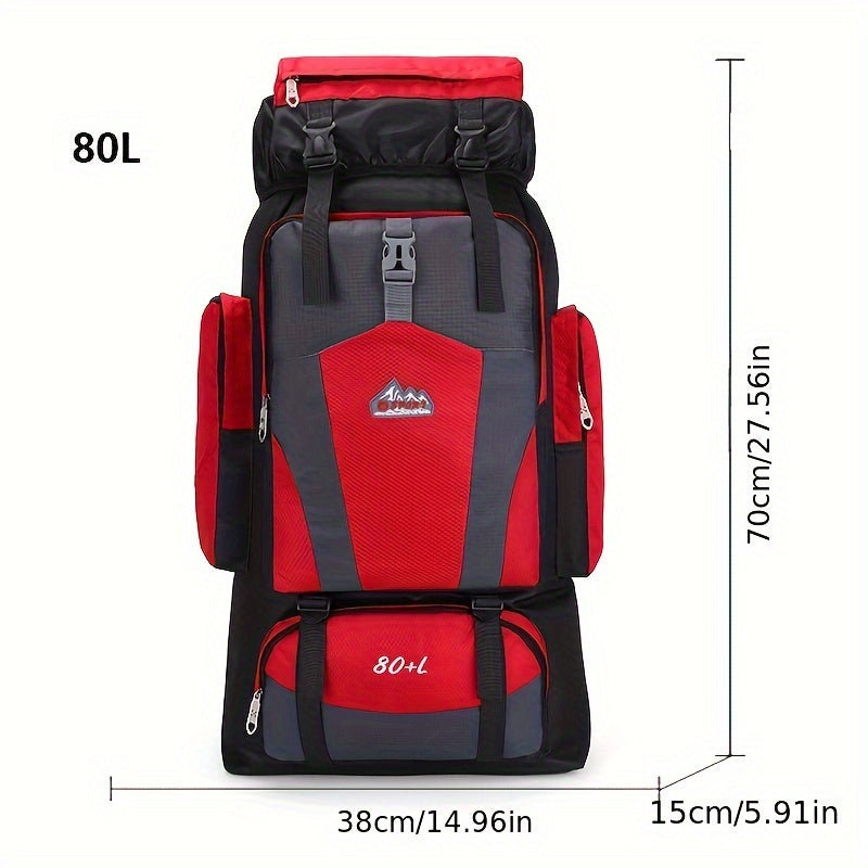 Large 80L hiking backpack with multiple pockets, ideal for outdoor activities. Casual design for men and women, with adjustable shoulder strap and snap closure. Easy to clean with polyester