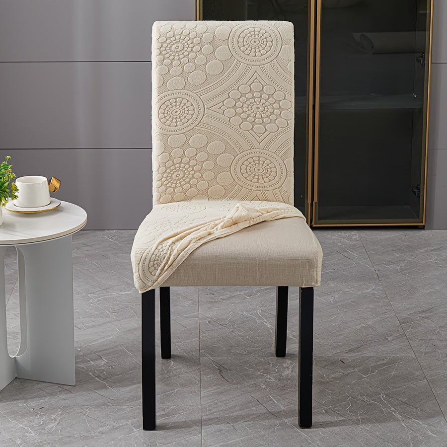 Boho style chair slipcovers available in sets of 6, 8, or 10. Made of stretch jacquard fabric with a slipcover-grip feature, these waterproof and machine washable polyester covers are designed for dining, office, banquet chairs, and home decor. Easy to