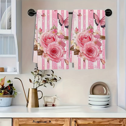 Set of 2 Kitchen Towels featuring pink roses and butterflies. Ideal for holiday decor, these ultra soft and highly absorbent dish hand towels are perfect for your kitchen. Machine washable and measuring 16x24 inches. Get the 2KYSYS1225249 design as a