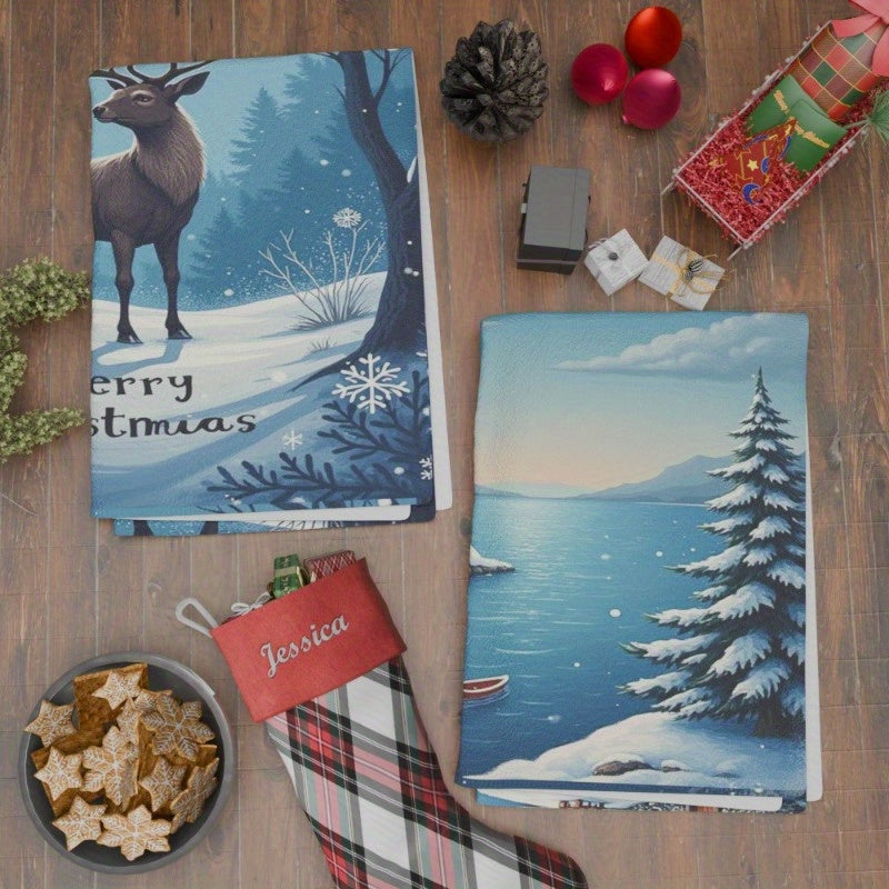 Kitchen Towel Set includes 2 pieces measuring 45.72*66.04 cm each. This set features a tea towel with a charming Christmas Winter theme, making it ideal for kitchen decor and holiday gifts. The towels are beautifully adorned with snowflakes.