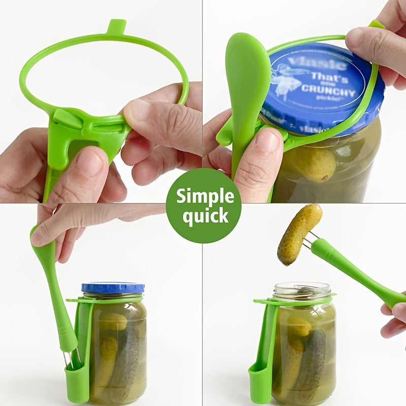 Set of 5 plastic pickle forks for sour cucumbers, olives, and jars - perfect gift for pickle lovers.