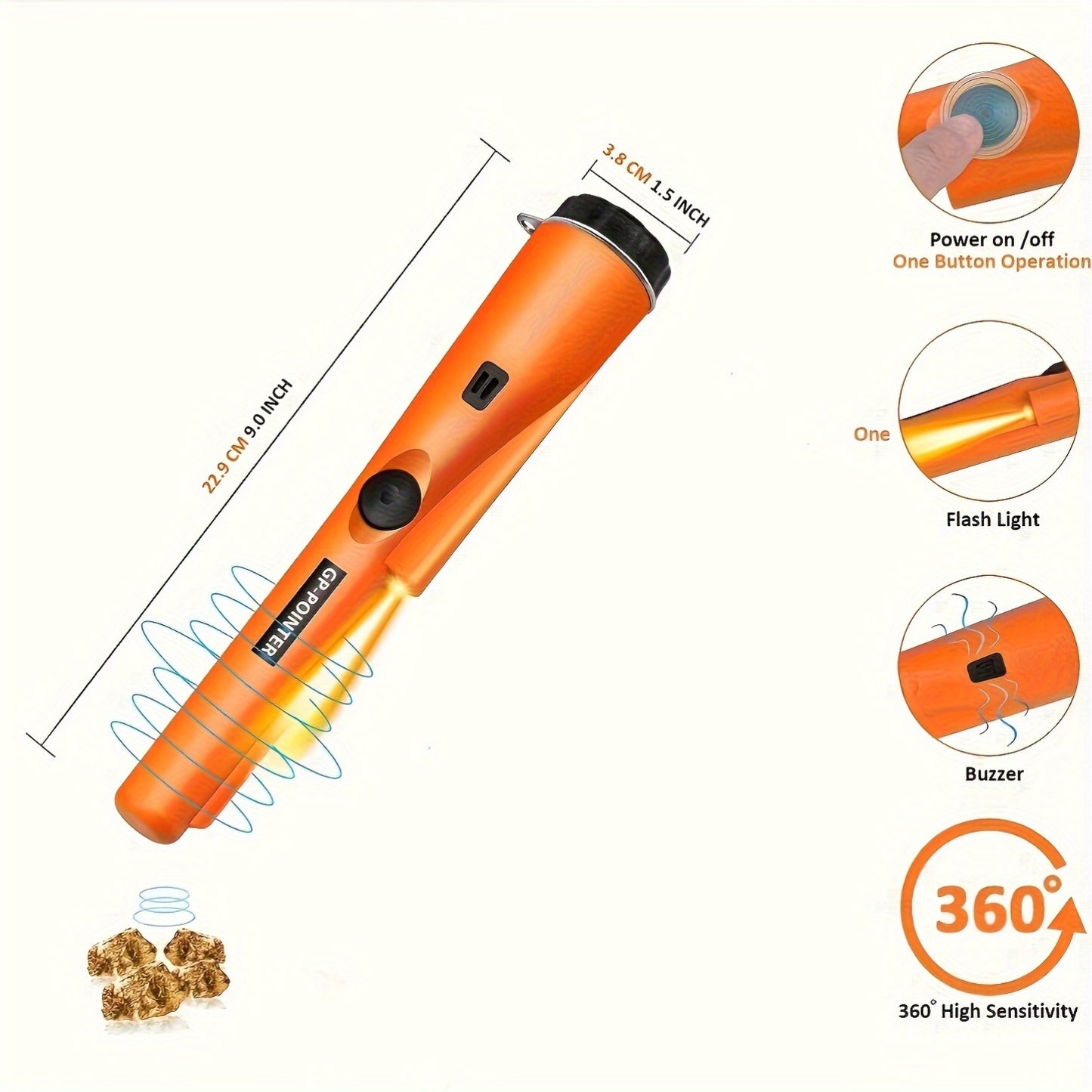 360 daraja qidirish, LED ko'rsatkich, belga osma, buzzer, batareyada ishlaydigan (batareyalar kiritilmagan) moslashuvchan sezgirlik pinpointer metall detektori.