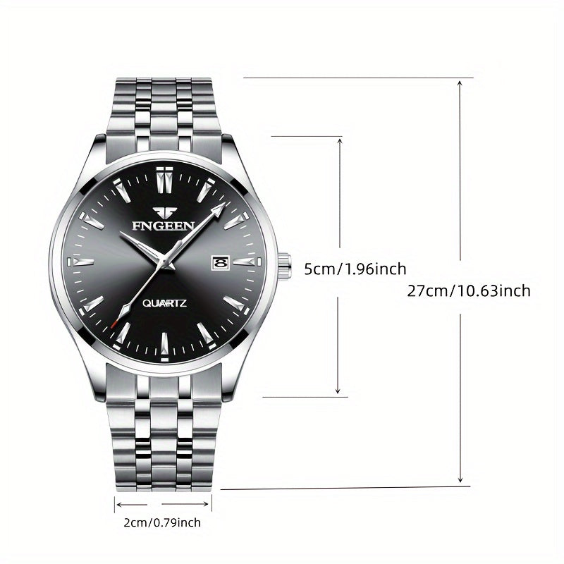 Elegant business watch for men with calendar feature- sleek design, ultra-thin Quartz movement, and stainless steel band.