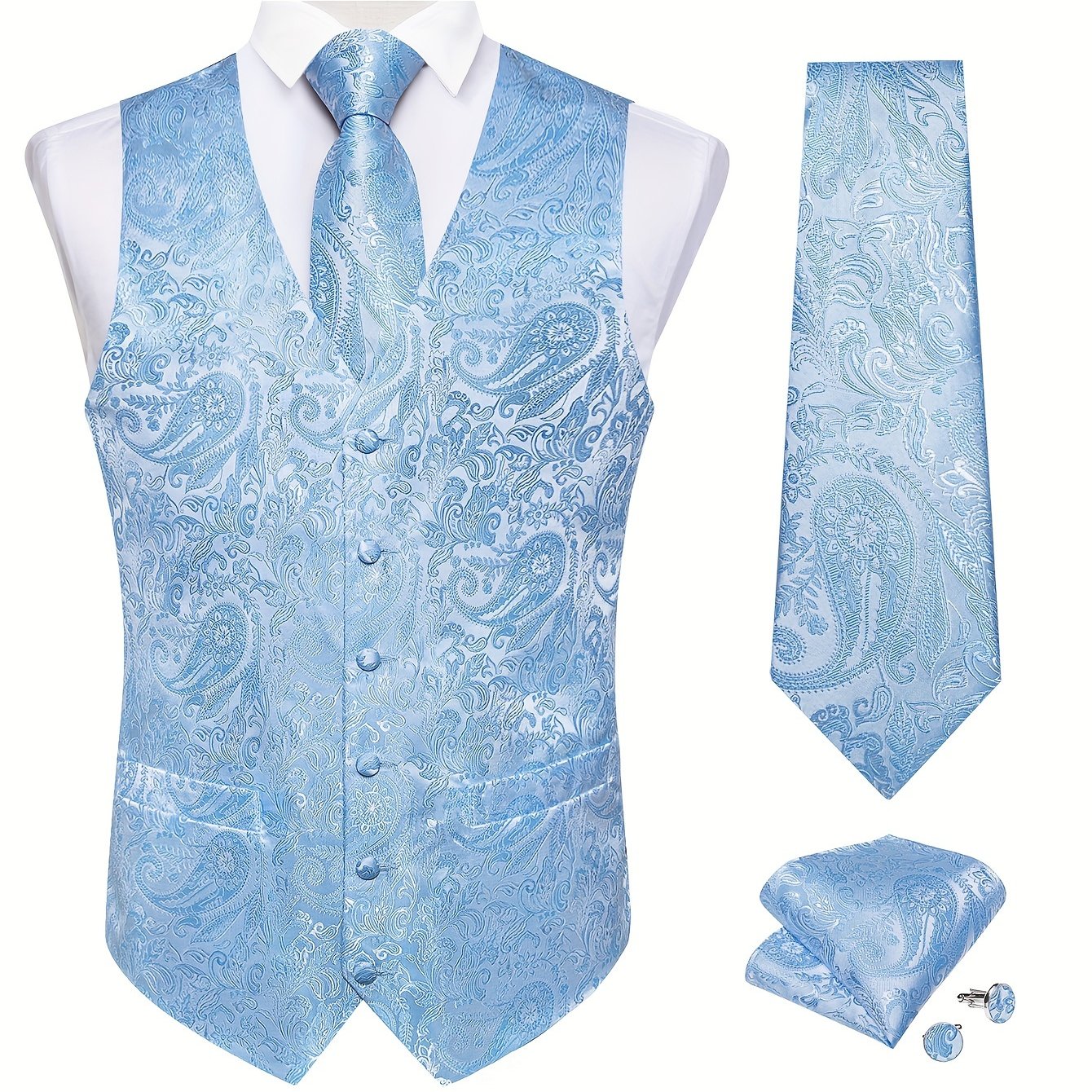 Men's plus size blue waistcoat set includes paisley necktie, cufflinks, and handkerchief. Perfect for formal occasions like weddings.