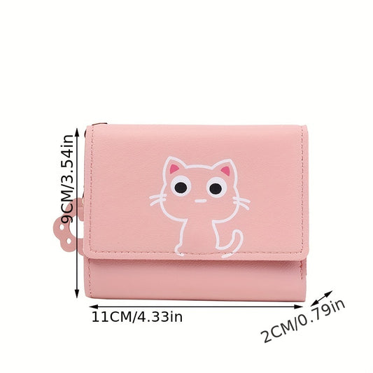 1 Cute Cat Cartoon Mini Wallet for Women made of pink faux leather, features a short tri-fold design with key ring and heart charm. Ideal for daily use and as a gift for cat lovers.