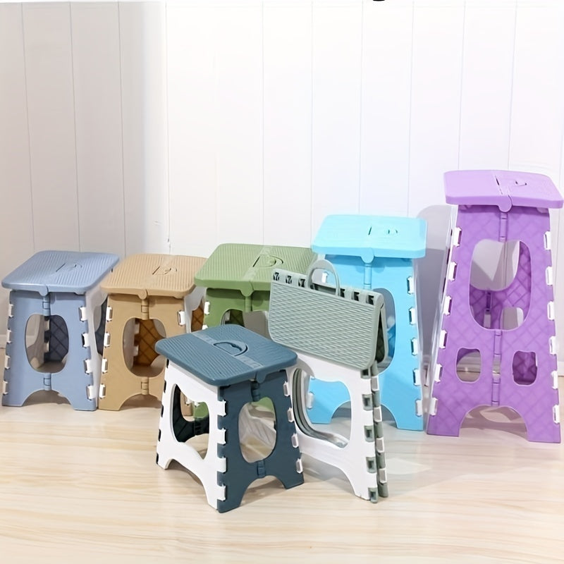 Lightweight plastic step chair with portable handle, ideal for bathroom, bedroom, kitchen, outdoor camping, and fishing. Foldable for easy storage.