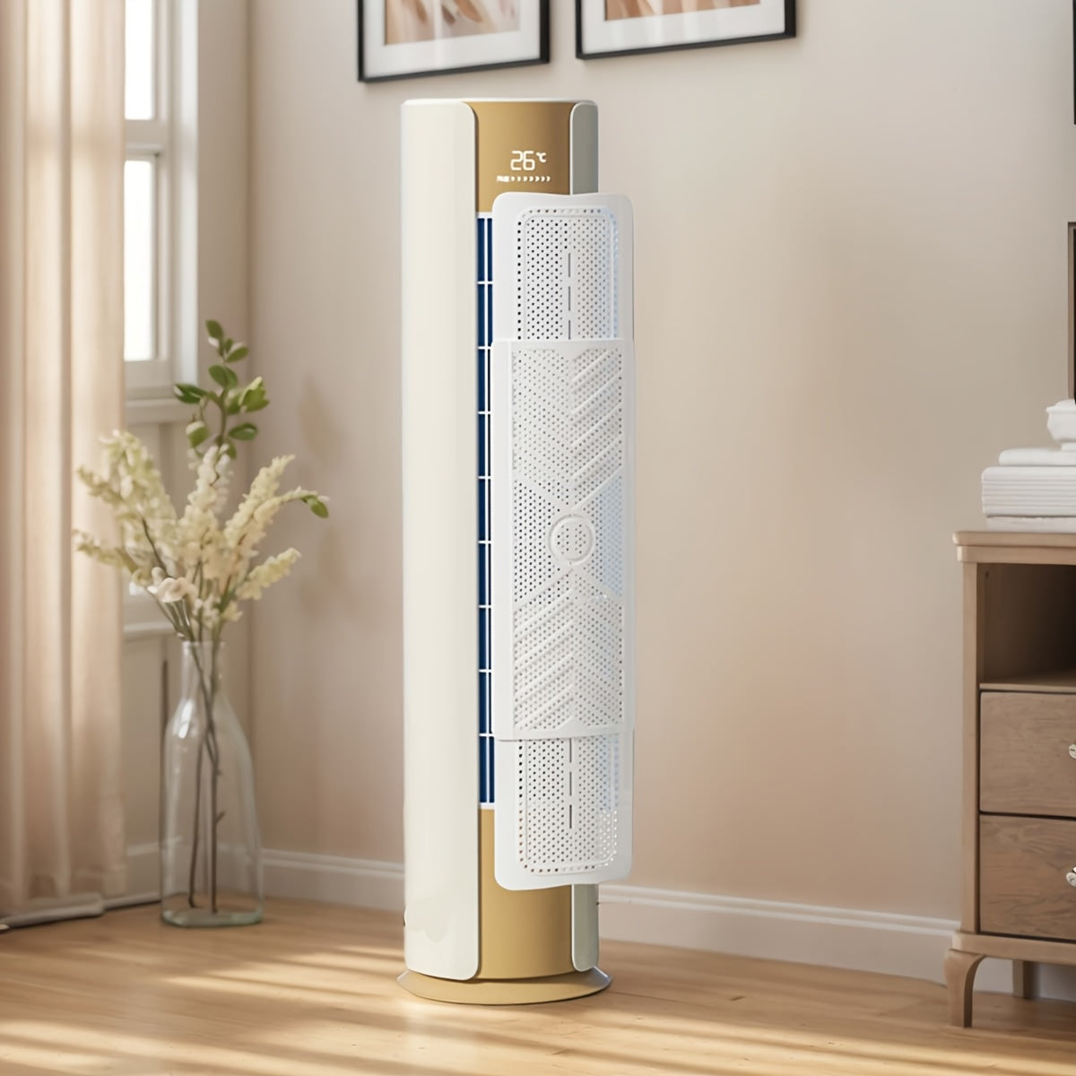 Enhanced Modern Portable Air Conditioner| Sleek White & Golden Expandable Vertical Windshield - Retractable & Thickened Design with Direct Blow Protection, No Power Needed, Ideal for Stylish Living Rooms, Portable Air Conditioner