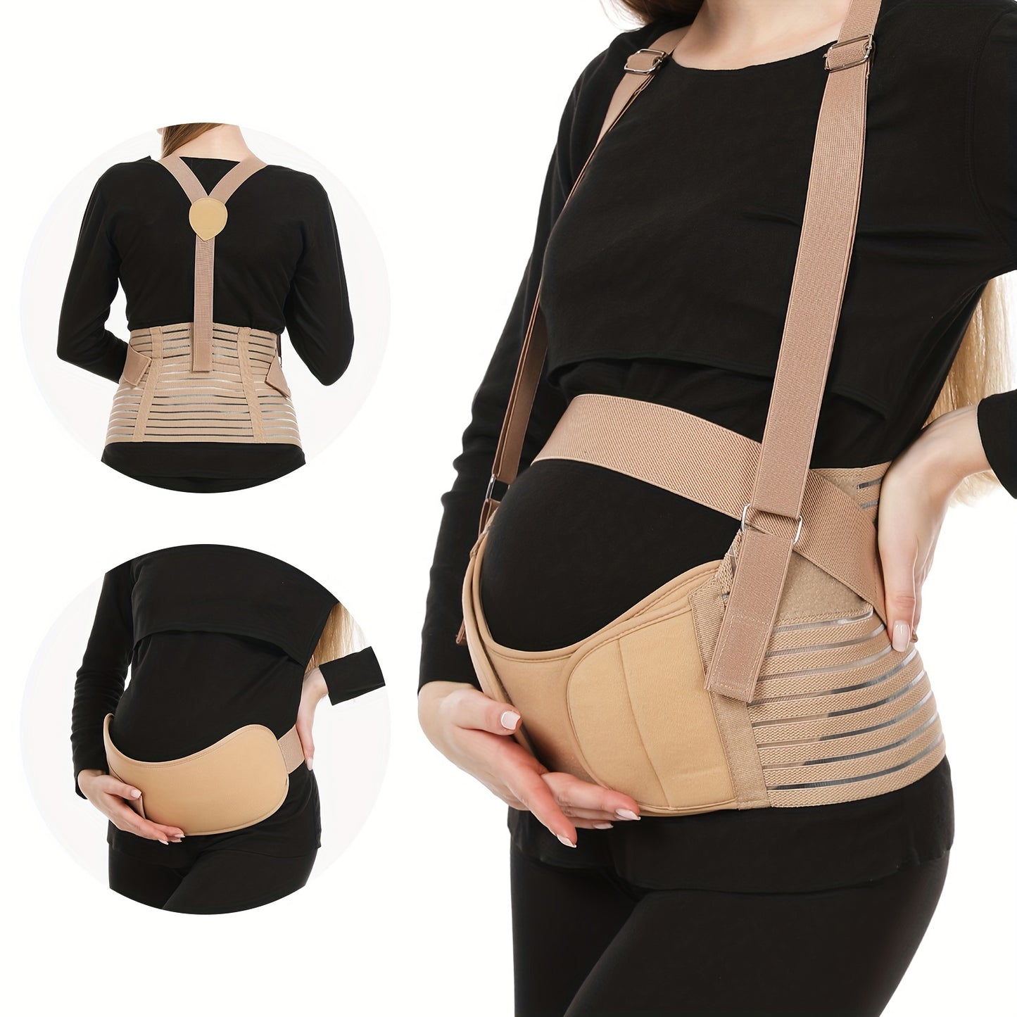 Pregnancy and postpartum support belt with breathable material, detachable shoulder strap, and adjustable sizes.