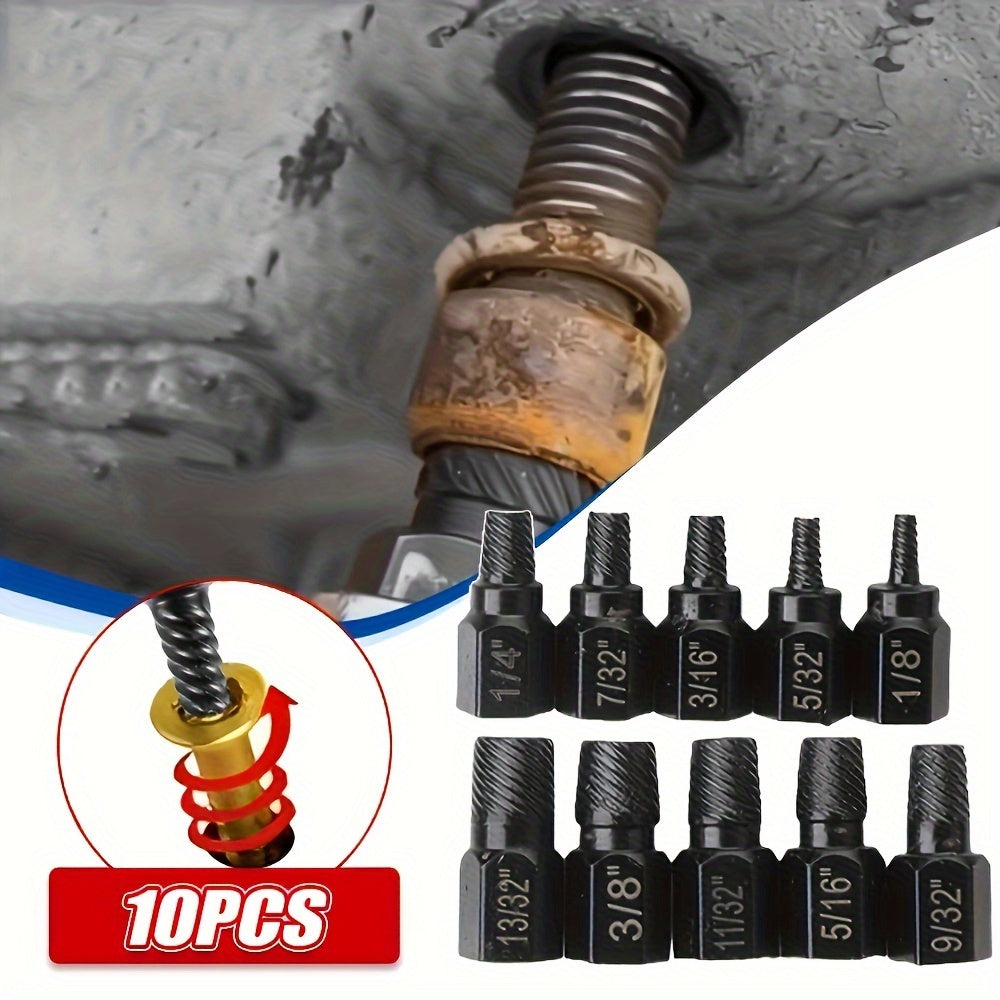 10-piece metal nut removal tool set with internal hex bolt removal tool and multi-tooth screw remover kit.