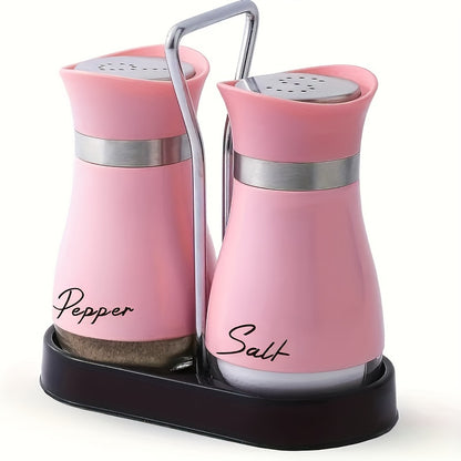 A set of salt and pepper bottle sets with 1 stand and 2 bottles. Glass bottom jars with stable stand, used for kitchen utensils, cooking tables, RVs, camping, barbecues, and seasoning.