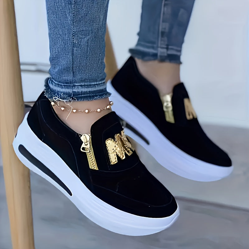 Red slip-on sneakers for women with zipper, low top style, lightweight, PU cover sole, white and golden accents.