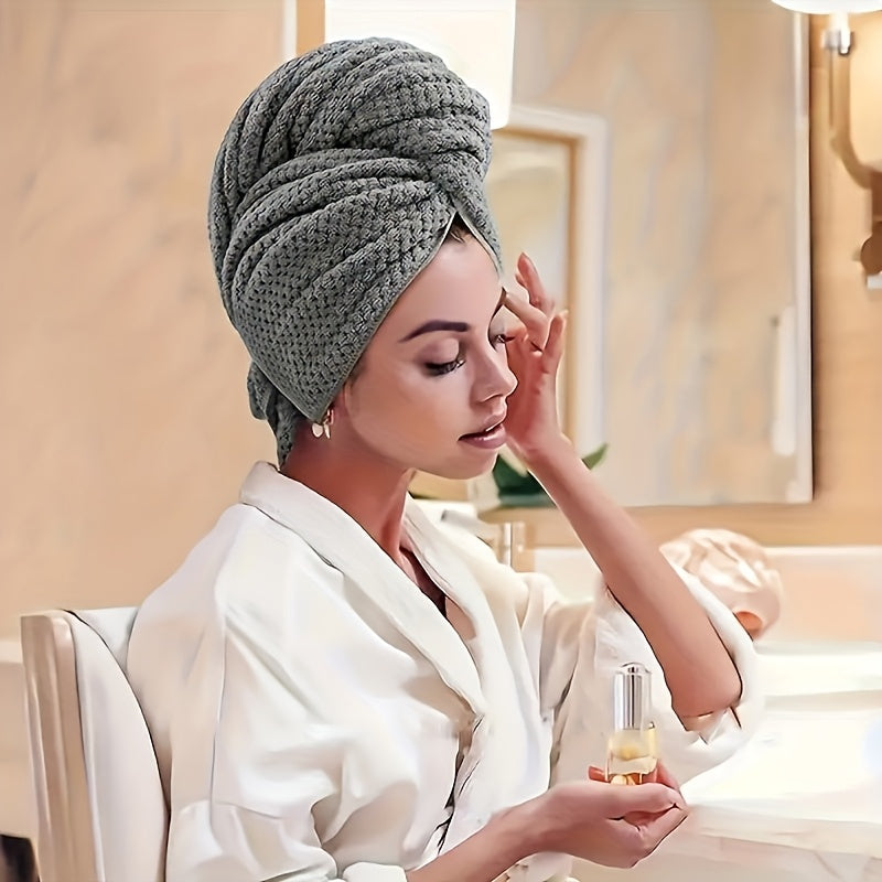 Absorbent microfiber hair towel wrap for women with elastic band, perfect for quick drying curly and thick hair.