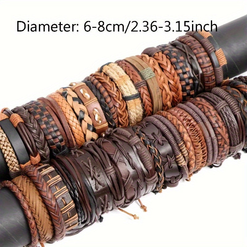 Set of 10, 20, or 30 Faux Leather Bracelets for Men and Women, Perfect for Christmas, Thanksgiving, and New Year Gifts. These Fashionable Retro Black and Brown Alloy Faux Cowhide Woven Bracelets are Adjustable and Stylish.