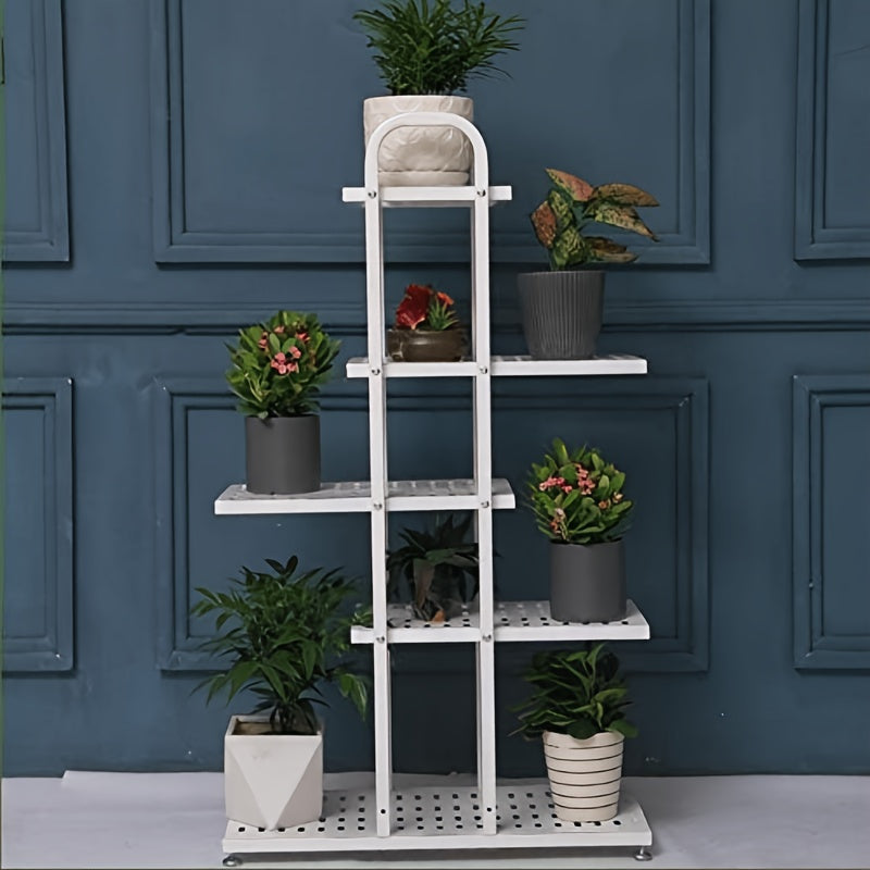 Multi-tier metal flower stand suitable for various settings like living rooms, balconies, and gardens. Ideal for displaying potted plants and books.