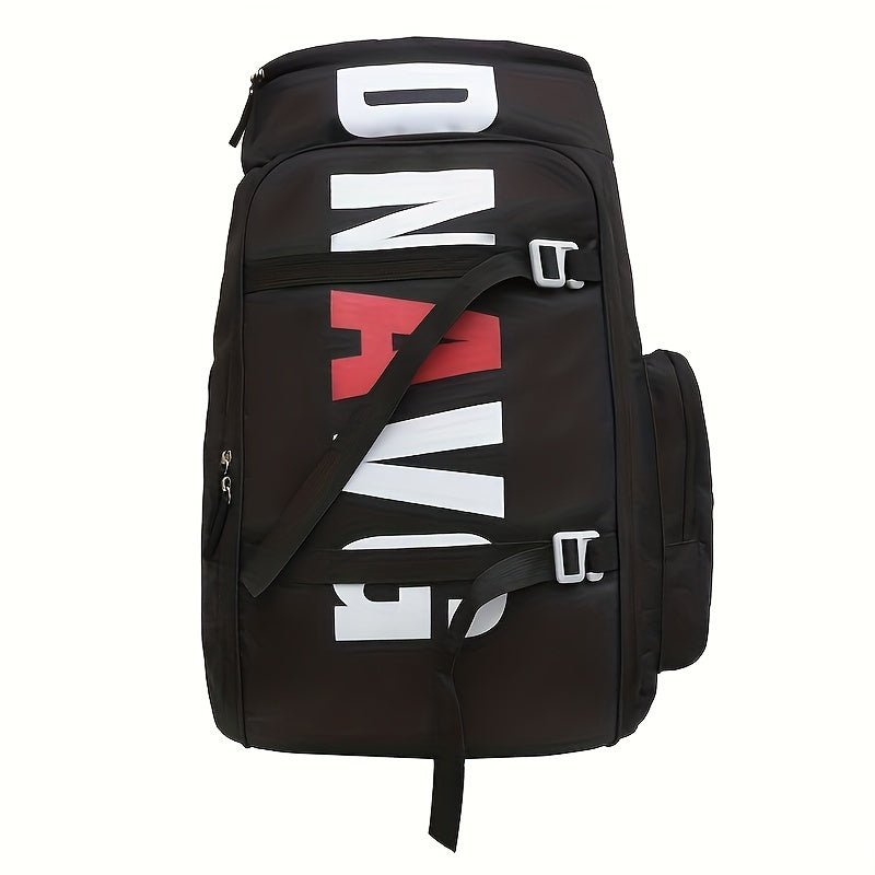 Skateboard, ski, fitness, and travel bag with separate wet and dry compartments and large storage capacity.